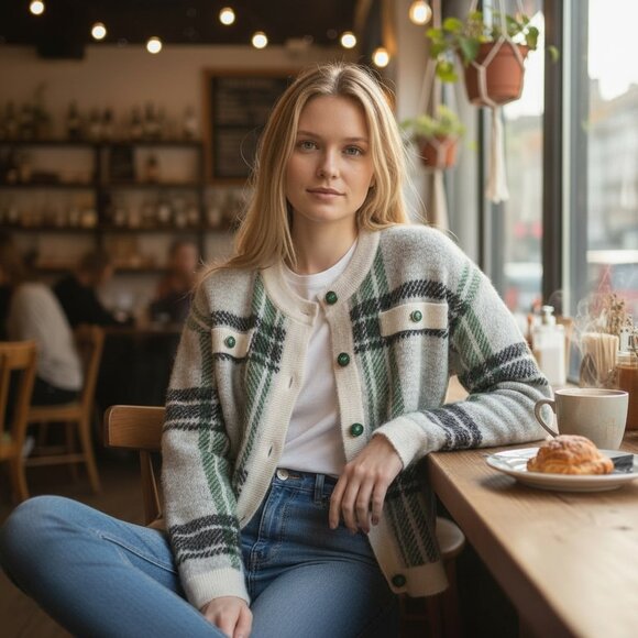 Cardigan - Fuzzy Plaid • XS • Cottagecore / Cozy / Grandpacore - Picture 1 of 8